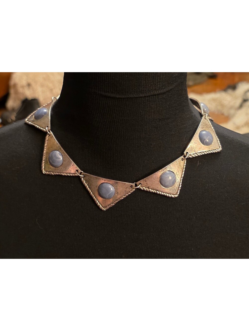 Vintage Southwestern Silver Tone Triangle Faux Blue Agate Choker Necklace